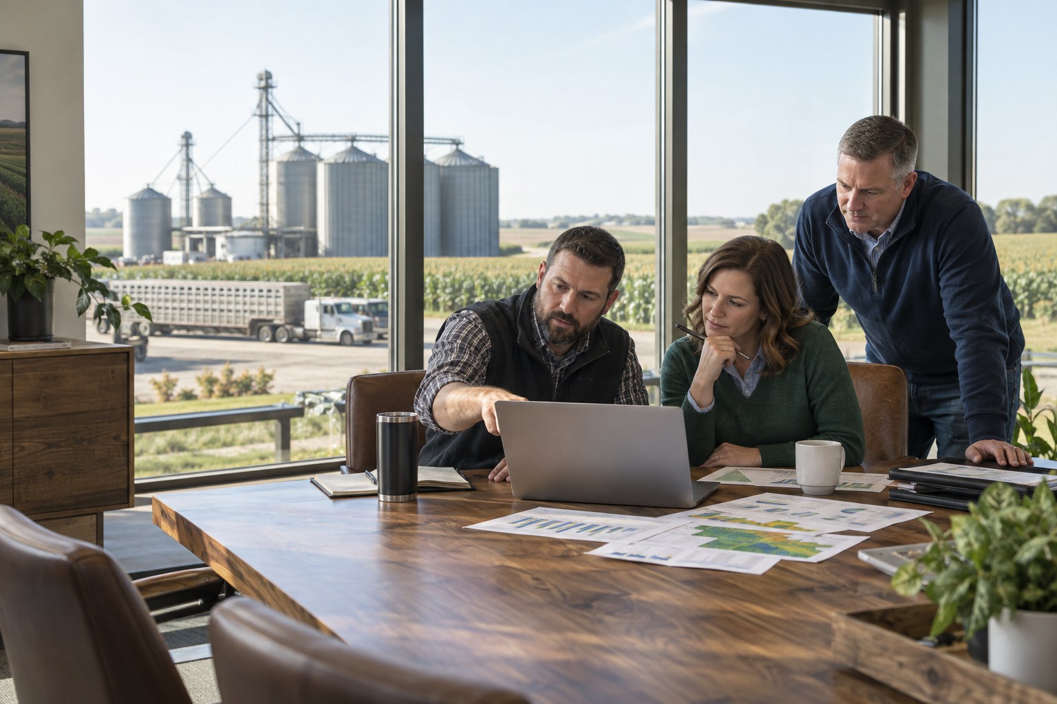 Agricultural business advisors collaborating in a Central Iowa agribusiness office overlooking cornfields and grain facilities